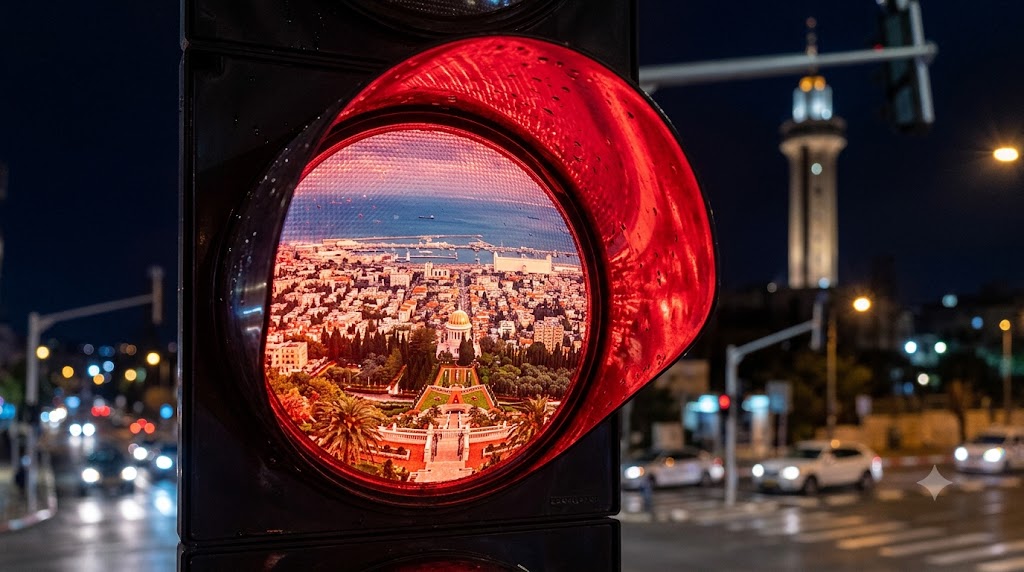 A red traffic light with the Bahá'í Gardens and Haifa framed inside its lens